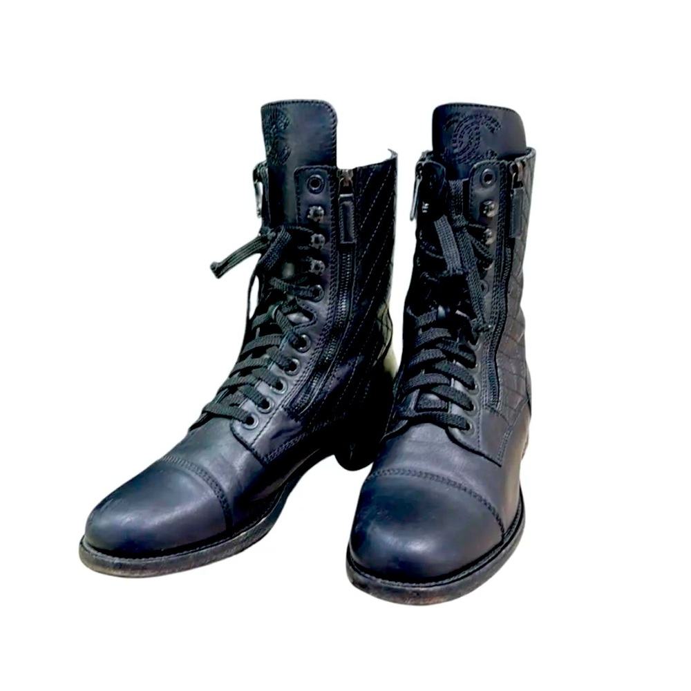 Chanel leather quilted combat boots